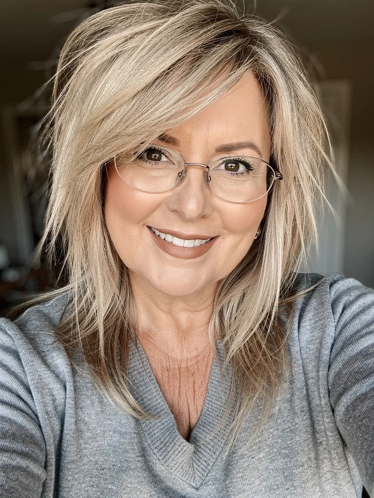 Straight Layered Sandy Blonde Lob with Side-Swept Bangs